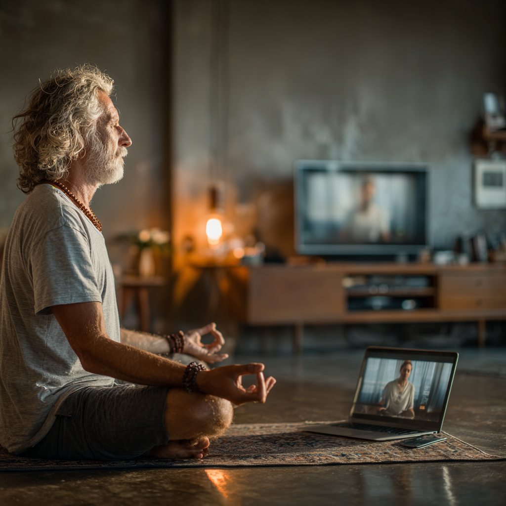 Чоловік 58 років займається йогою вдома перед ноутбуком, на екрані якого проводиться онлайн-заняття з інструктором