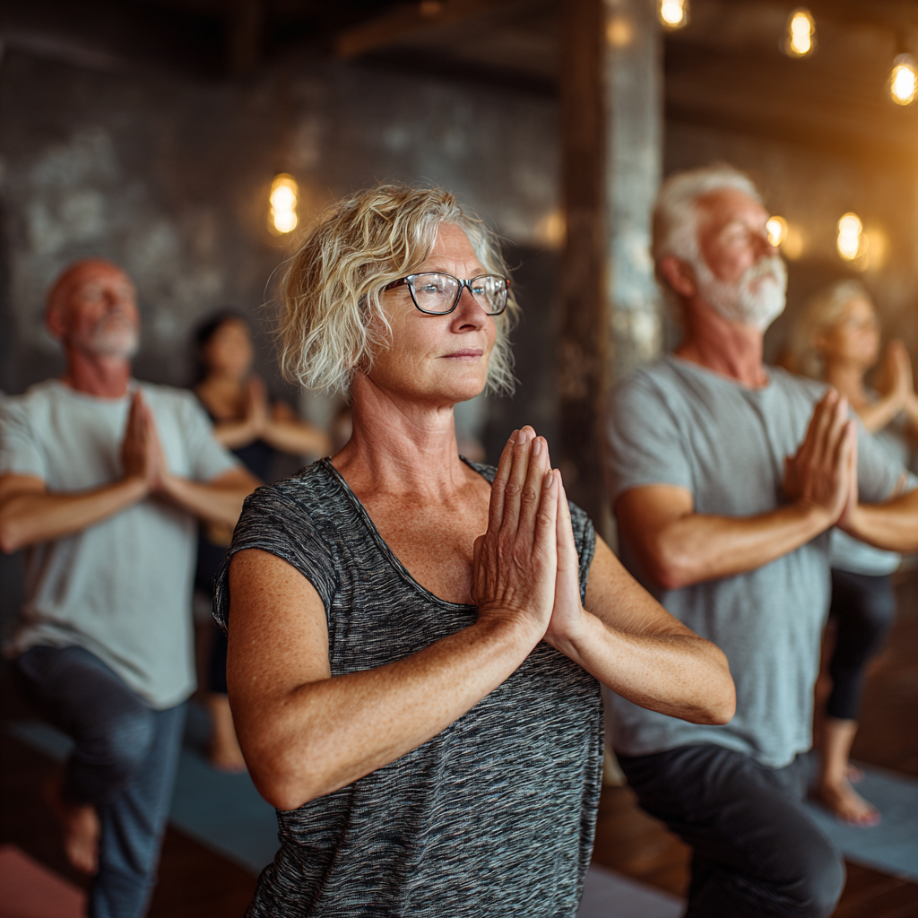 Група людей віком 50-60 років виконують базові пози йоги в затишній студії під керівництвом інструктора