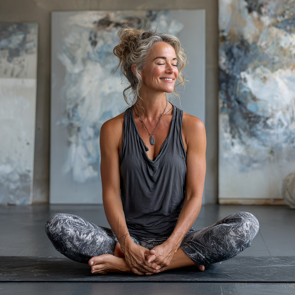 Жінка 55 років в позі лотоса на килимку для йоги в світлій студії, посміхається та виглядає розслаблено